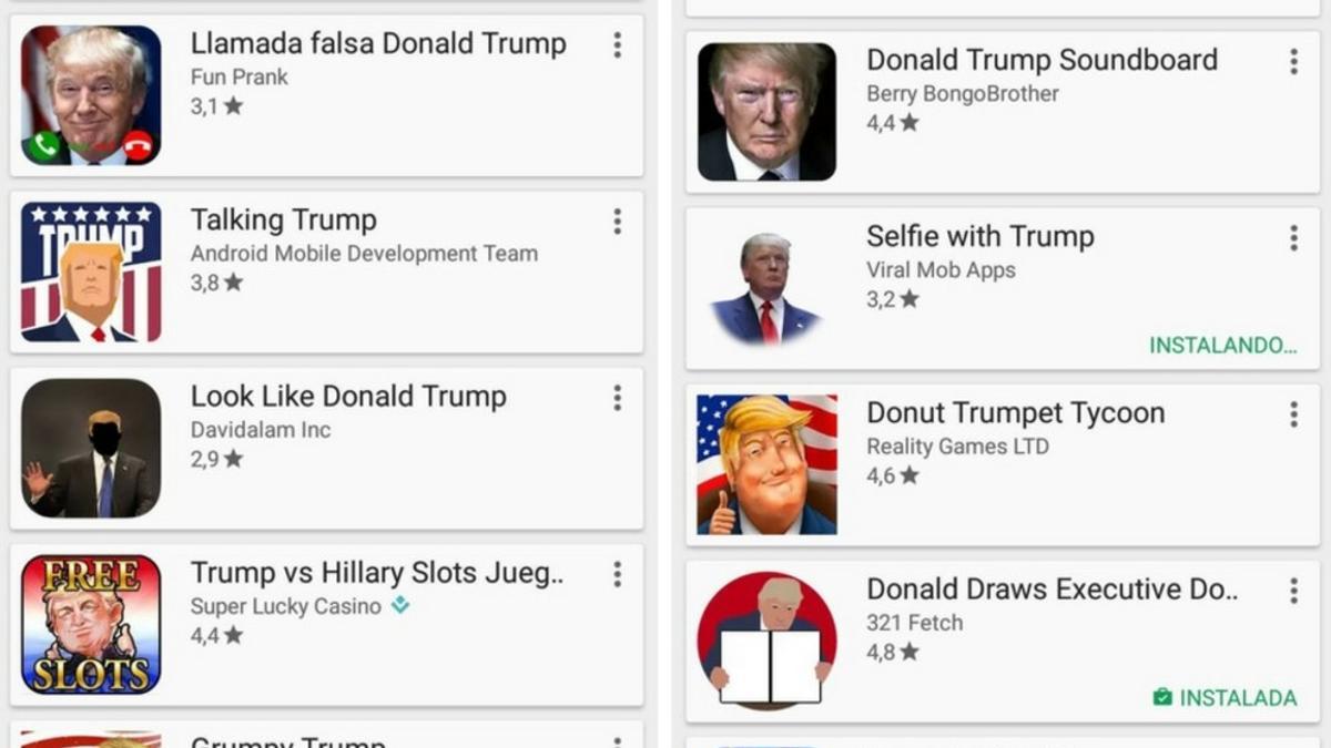 Una muestra de los cientos de aplicaciones sobre Donald Trump disponibles en Play Store.