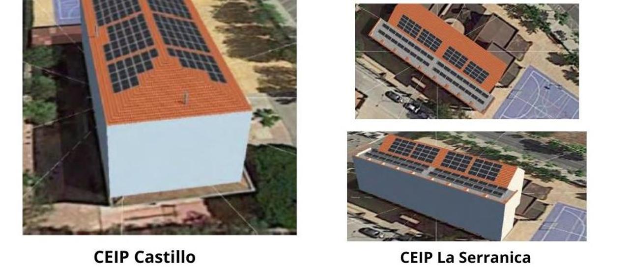 Imagen virtual de las placas solares en las cubiertas de los tres colegios de Aspe.
