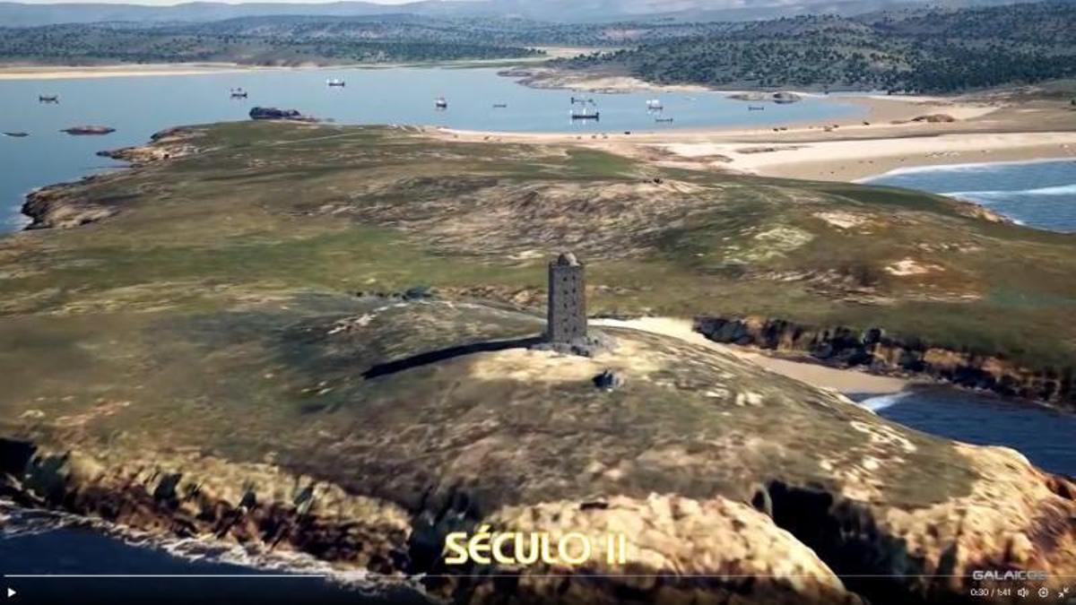 Recreación de A Coruña, en el siglo II, con un istmo de arena y detalle de la Torre de Hércules.   | // GALAICOS VISUAL
