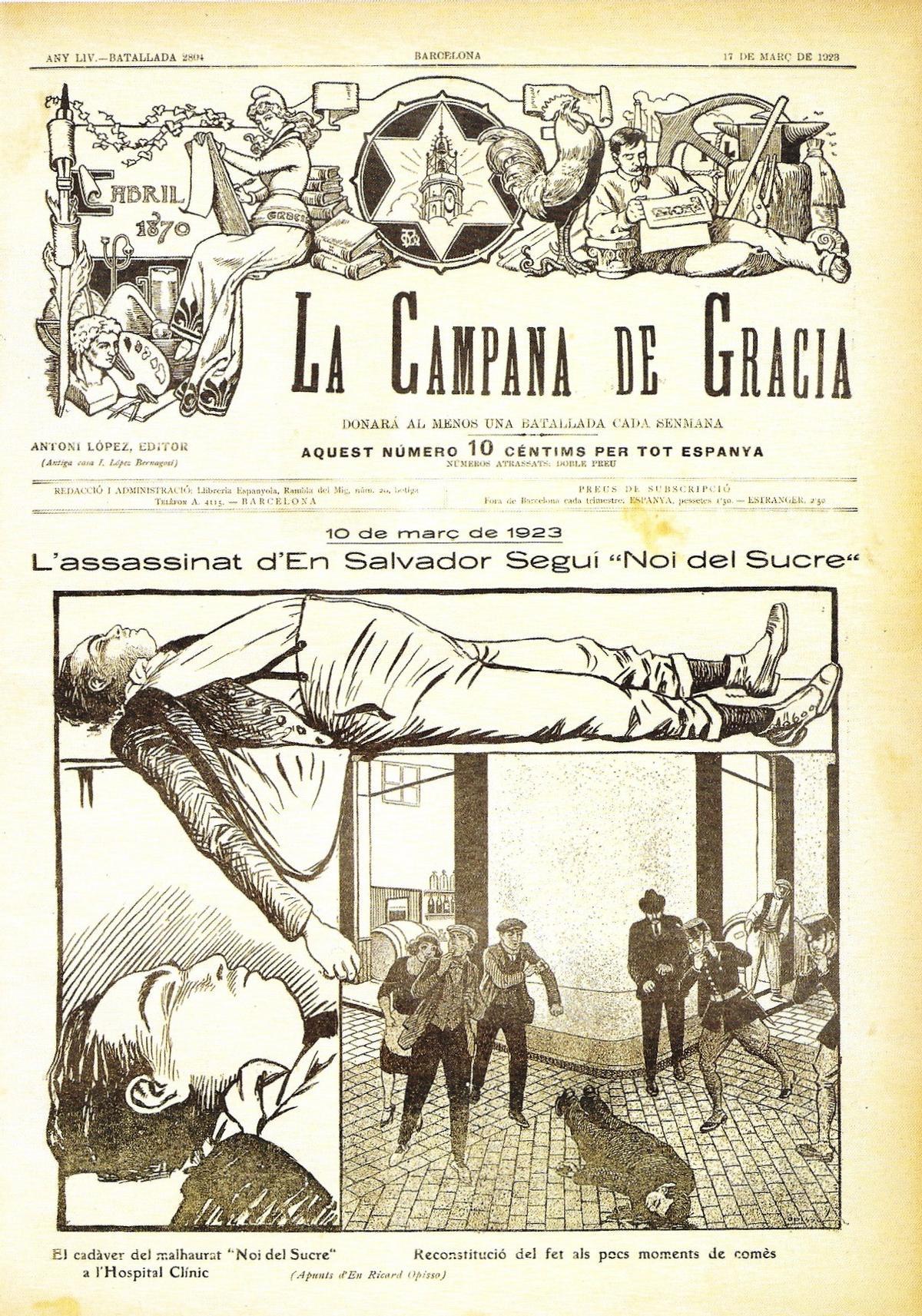 El asesinato de Salvador Seguí a manos de pistoleros, recreado en dibujos a falta de fotografías.