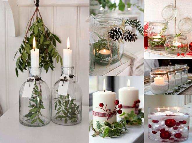 Velas con detalles verdes y rojos para la decoración de Navidad