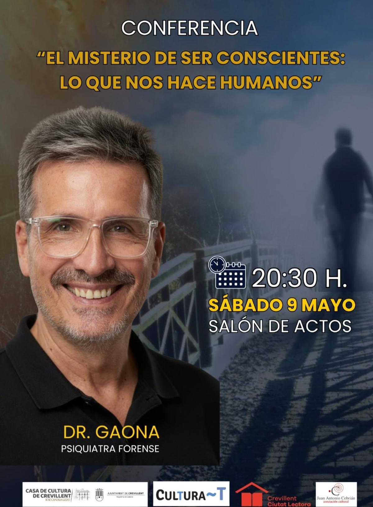 Cartel de la conferencia de Crevillent sobre "El misterio de ser conscientes: lo que nos hace humanos"