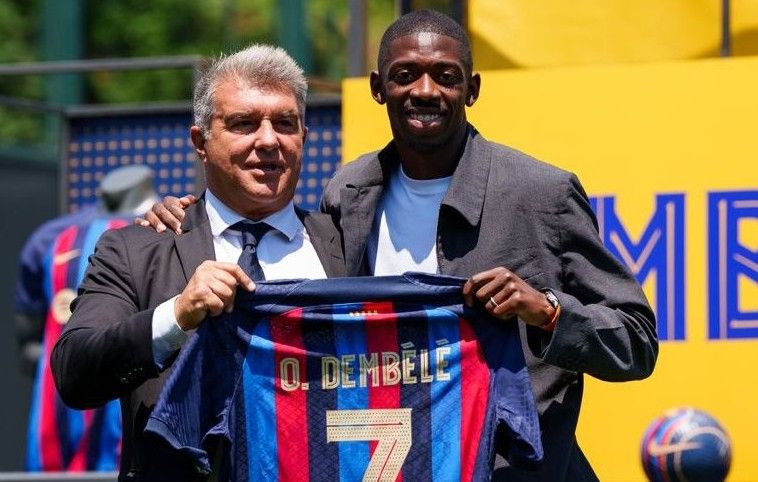 Laporta y Dembélé, en la ciudad deportiva.