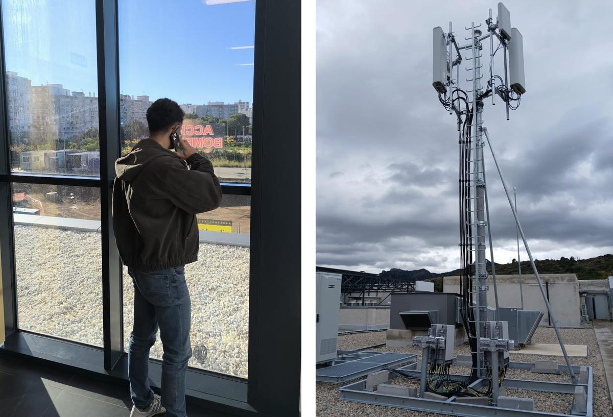 Una hombre busca cobertura y a la derecha la nueva antena instalada.