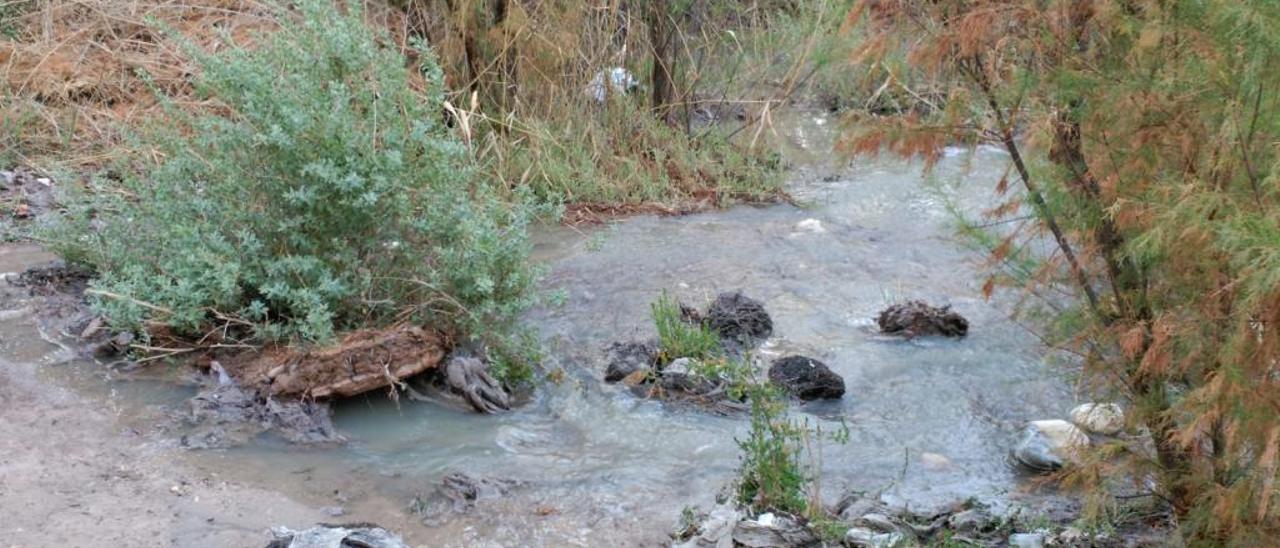 Las aguas residuales discurriendo hacia el cauce del río junto a la antigua fábrica de la luz en Elda.