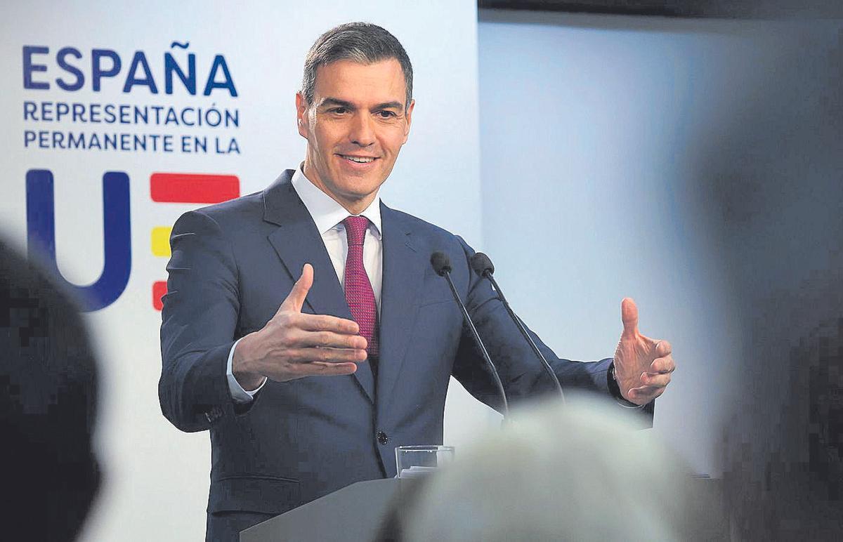 Spain's Prime Minister Pedro Sanchez attends a press conference during a Special European Council in Brussels, Belgium, 01 February 2024. EU leaders gather in Brussels to discuss the mid-term revision of the EU's long-term budget for 2021-2027, including support to Ukraine