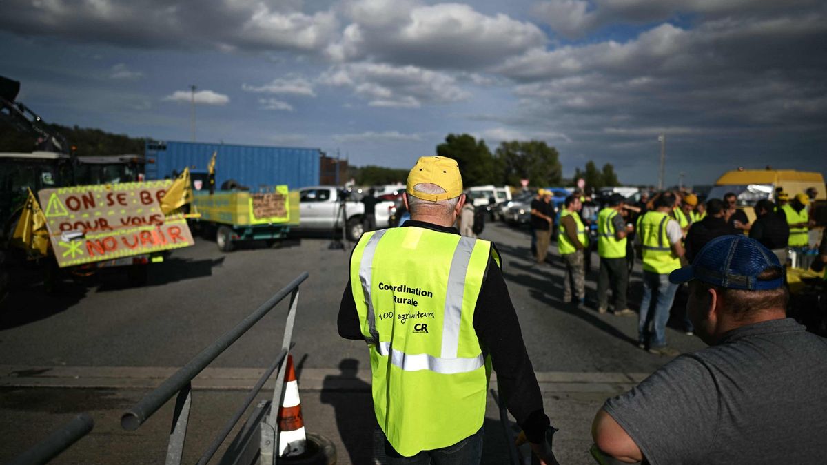 Protesta de agricultores franceses en la autopista A-9, en el peaje de Le Boulou, en las inmediaciones de la frontera con España, este martes.
