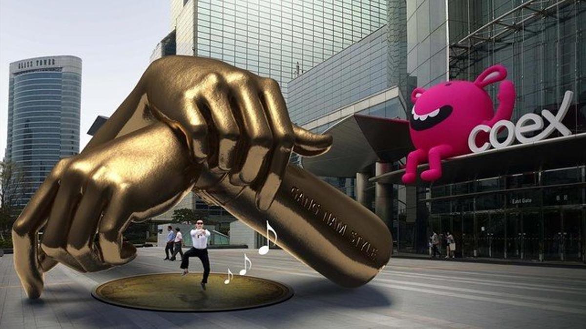 Imagen generada por ordenador que muestra la futura escultura de metal dedicada a Psy y su vídeo de la canción 'Gangnam style'.