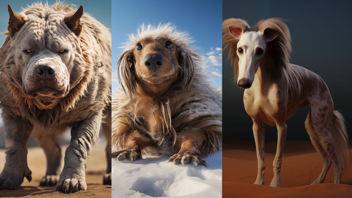 Tres perros de dentro de 10.000 años generados por inteligencia artificial.