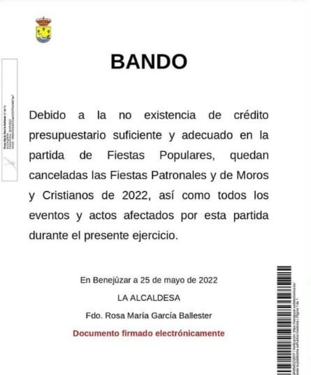 Bando de anuncio de la suspensión de las fiestas &quot;por falta de crédito&quot;