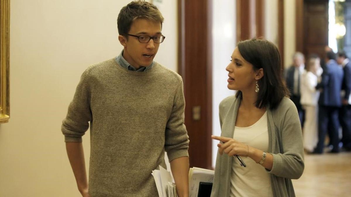 Íñigo Errejón e Irene Montero, este miércoles, después de la Junta de Portavoces del Congreso.