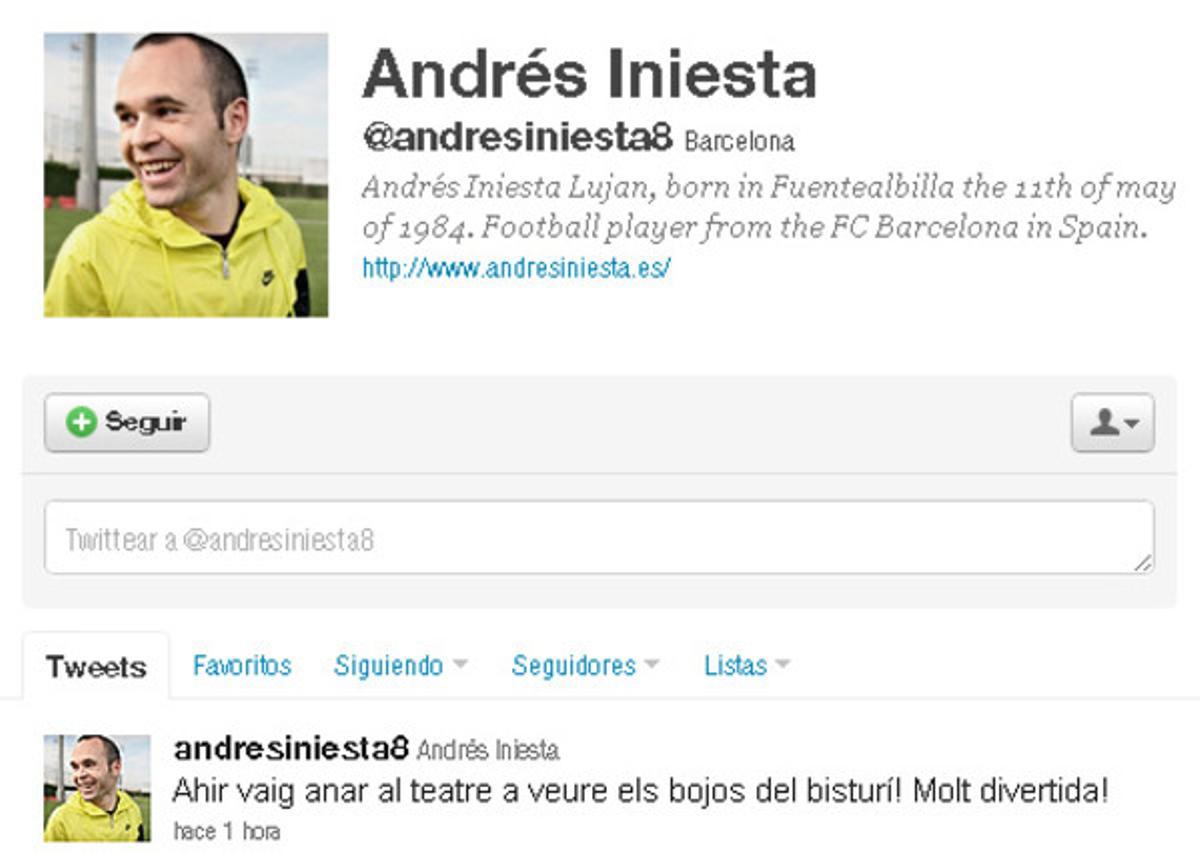 El perfil d’Iniesta a Twitter, amb el missatge en català. El perfil d’Iniesta a Twitter, amb el missatge en català.