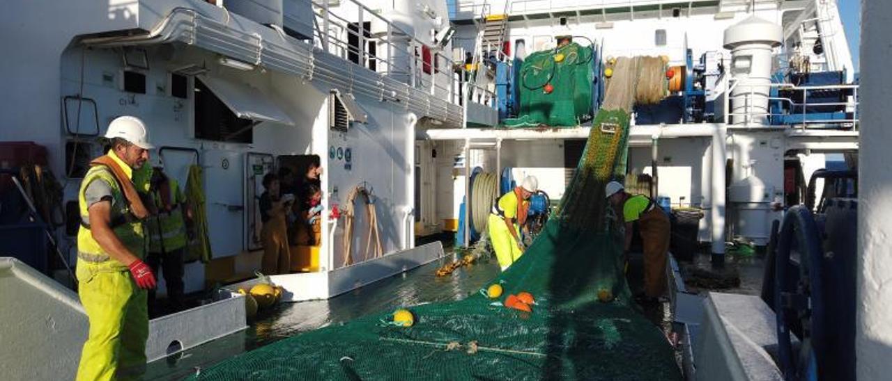 Pruebas con la red selectiva a bordo del buque oceanográfico &quot;Miguel Oliver&quot;.