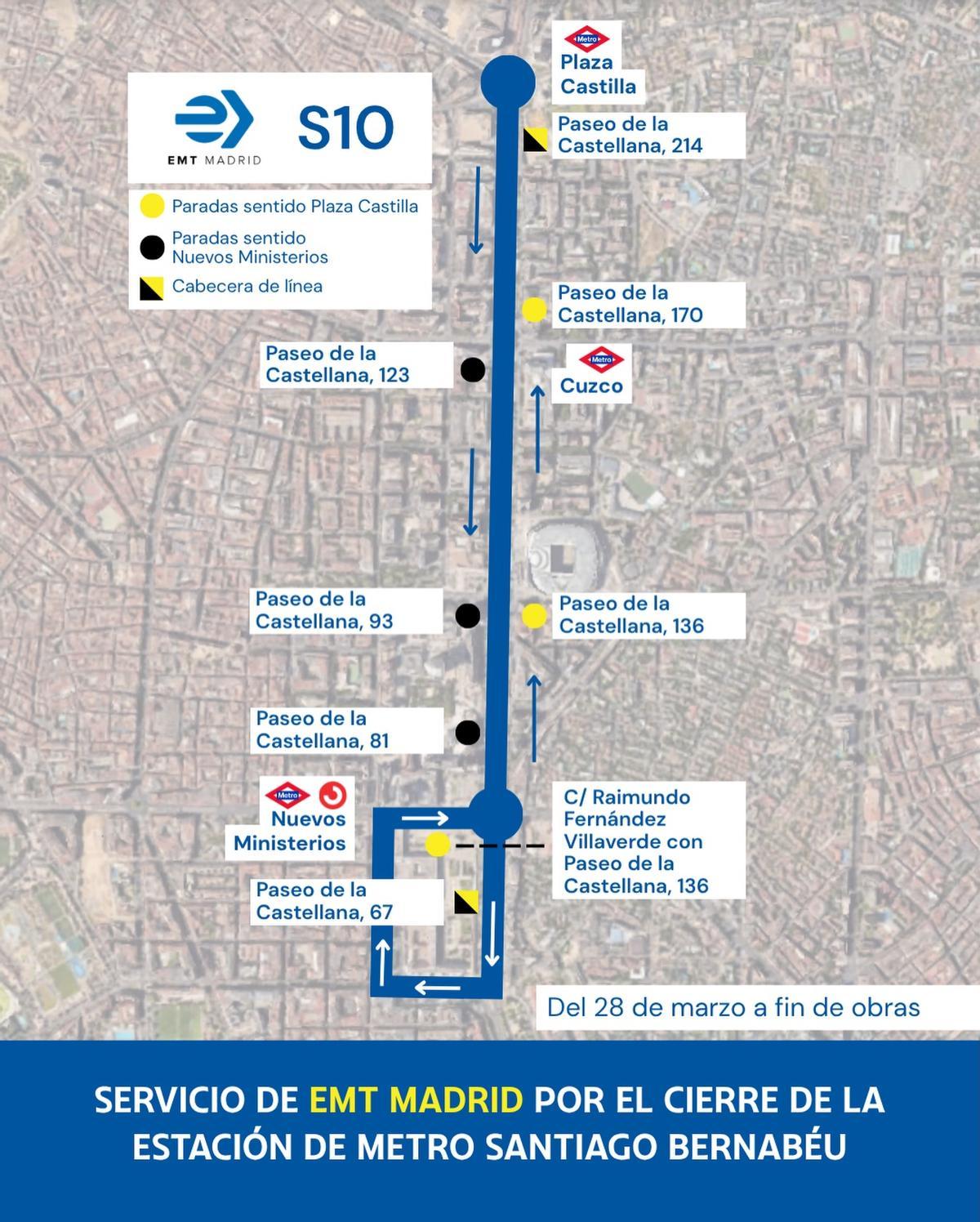 Servicio especial gratuito para conectar Plaza de Castilla y Nuevos Ministerios durante las obras de la Línea 10