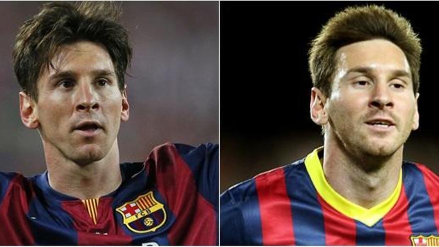 Messi en una imagen del sábado (i) y en otra de 2013 (d).