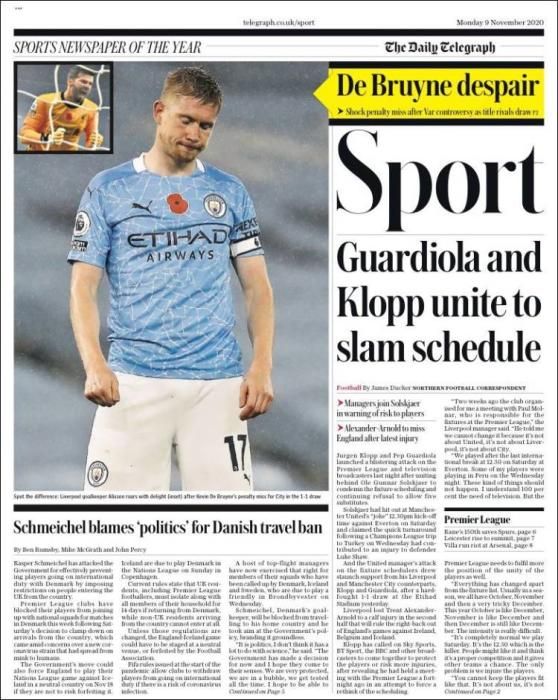 Portada TELEGRAPH SPORT lunes 9 noviembre 2020