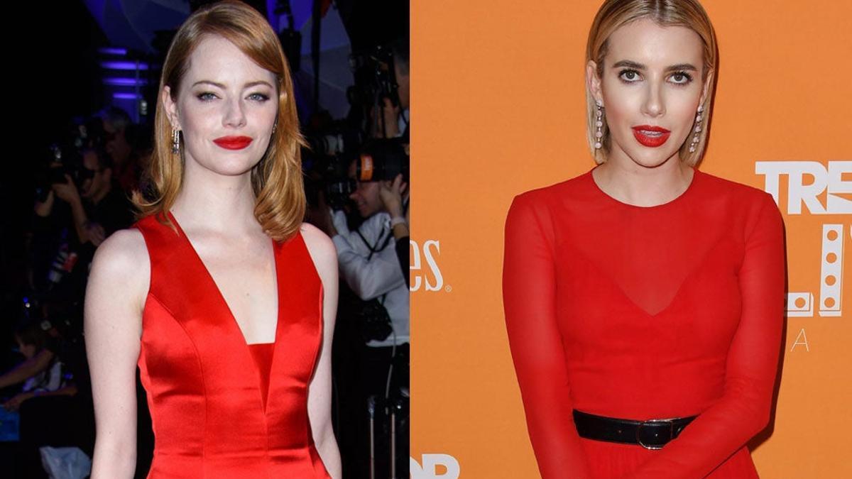 Emma Stone y Emma Roberts, ideas en para vestir en Navidad de rojo