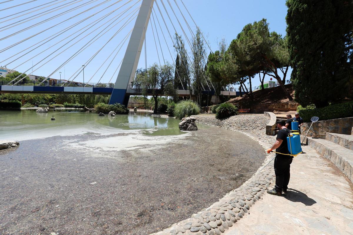 Un operario limpia el agua de uno de los lagos del parque de La Represa.
