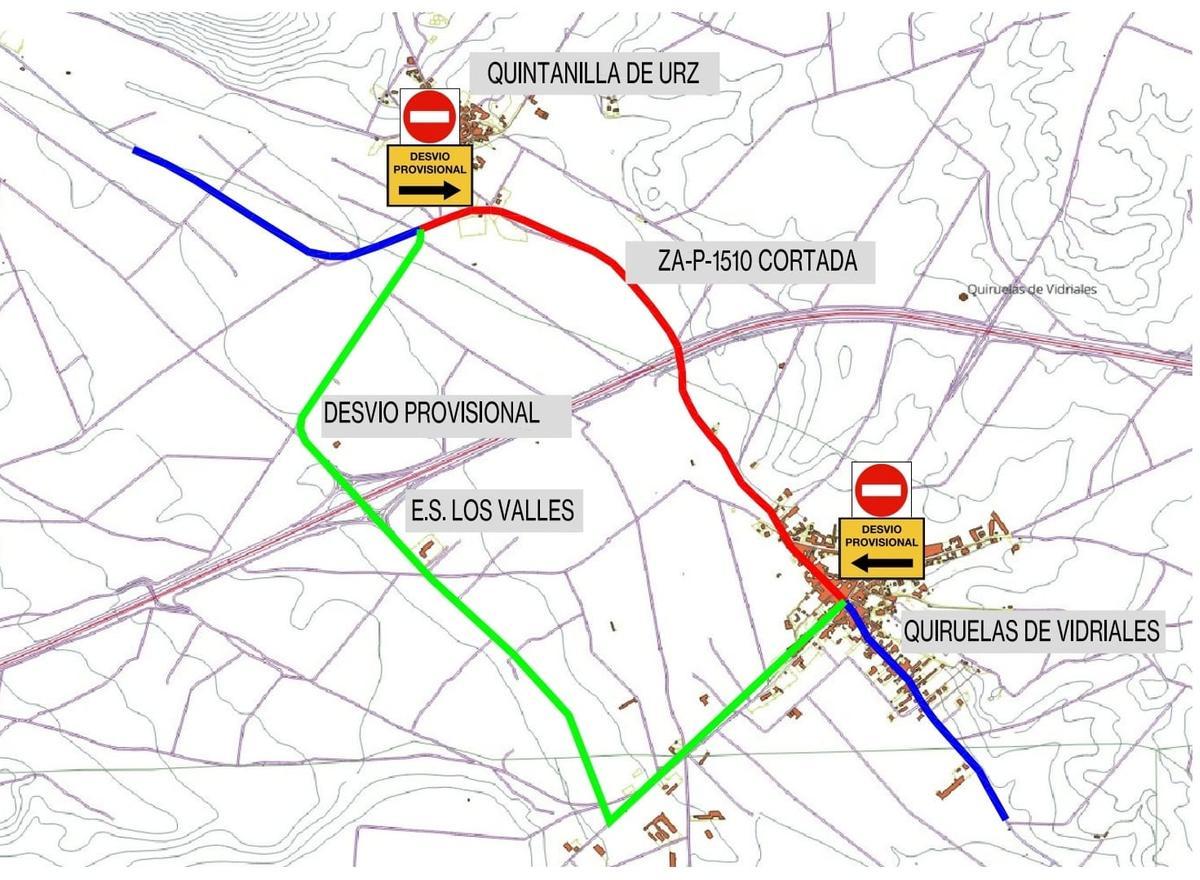 Plano con el corte del tramo de la ZA-P-1510 entre Quiruelas y Quintanilla de Urz y el desvió alternativo recomendado.