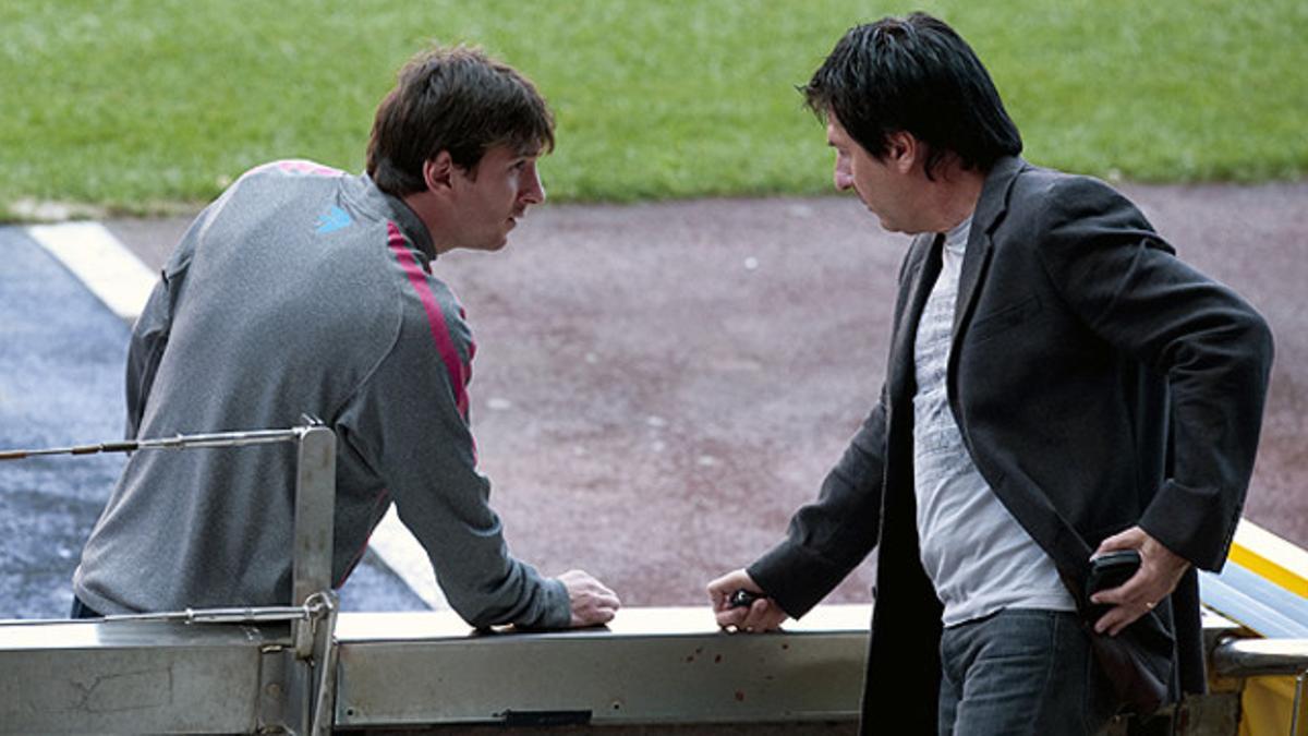 Leo Messi y su padre, antes de un entrenamiento