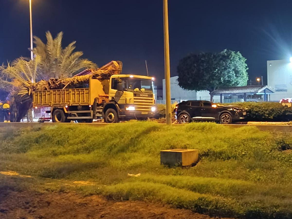 Eliminación de la palmera. A la derecha, el coche accidentado.