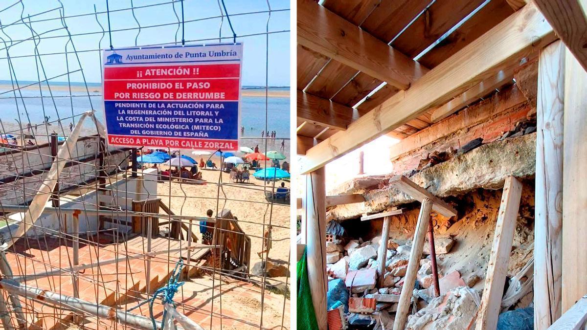 Cartel de prohibición de paso a la playa y obras clandestinas realizadas bajo el acceso.