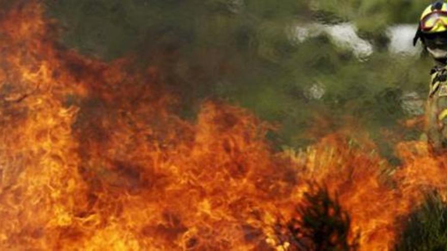 Un brigada de refuerzo en incendios forestales (BRIF) de Daroca, Zaragoza, lucha contra el fuego en el monte alrededor de Simat de Valldigna.