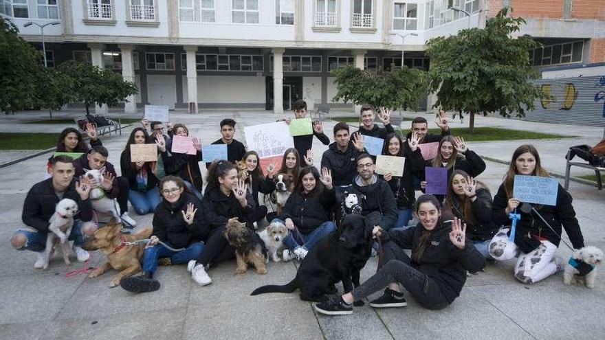 Alumnos de Comercio del colegio Nebrija, con sus perros.