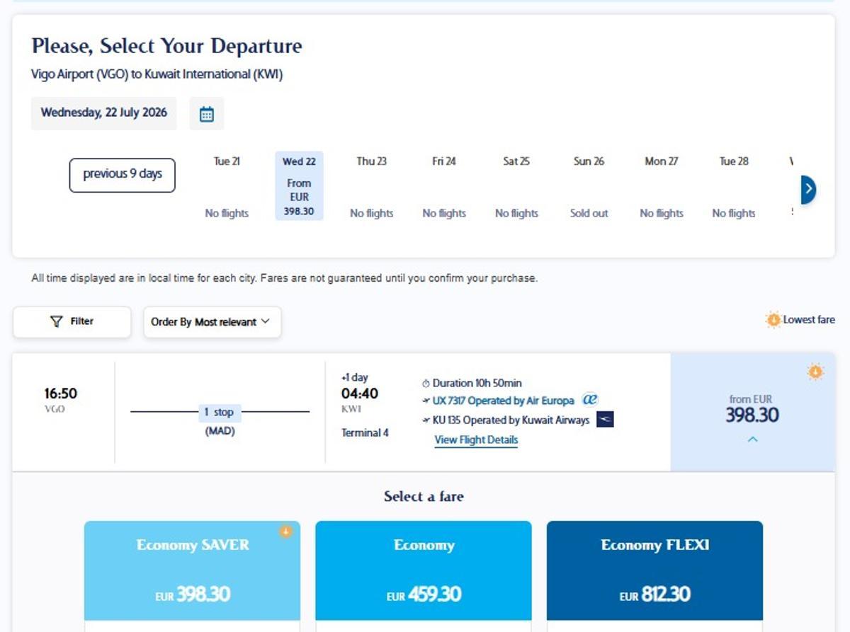 Vuelos entre Vigo y Kuwait ofertados por Kuwait Airways en su web