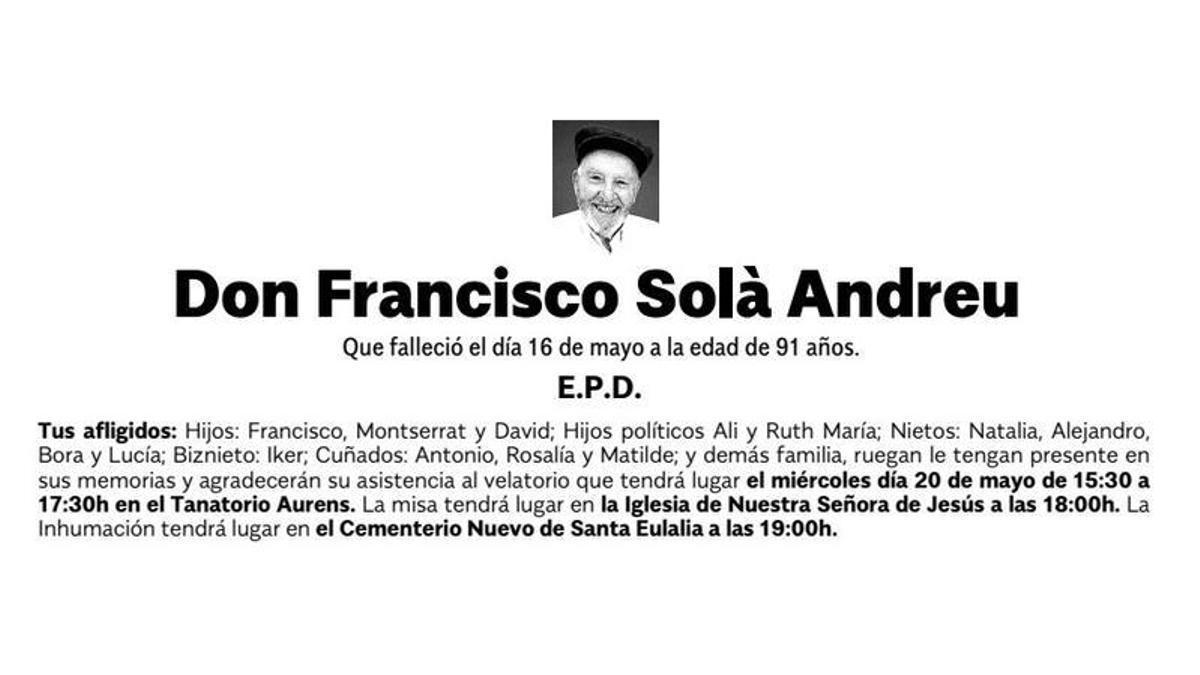 Esquela Francisco Solà Andreu