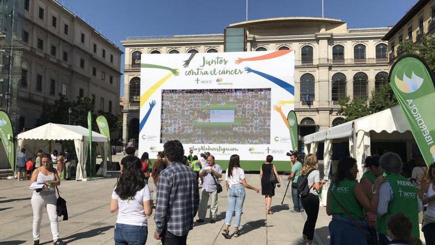 Un mosaico trata de concienciar sobre la importancia de la investigación  |  La madrileña plaza del Museo Nacional Centro de Arte Reina Sofía acogió ayer un mural gigante en el que, gracias a la colaboración ciudadana, se han iluminado multitud de pequeñas fotografías de investigadores formando un mosaico con el lema &quot;Luz a la investigación&quot; en cáncer. Los participantes colaboraron en la iluminación del mosaico en las redes sociales, así como de manera presencial accionando allí un pulsador.