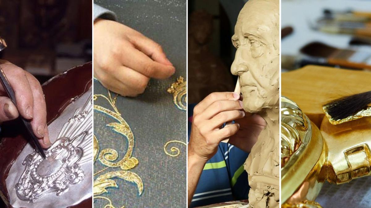 Las manos de un orfebre, un bordador, un imaginero y un dorador, como ejemplo de distintas disciplinas artísticas que trabajan para las cofradías.