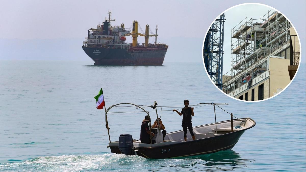 Una embarcación militar ligera iraní en el estrecho de Ormuz. En detalle, edificios en construcción en Cartagena.