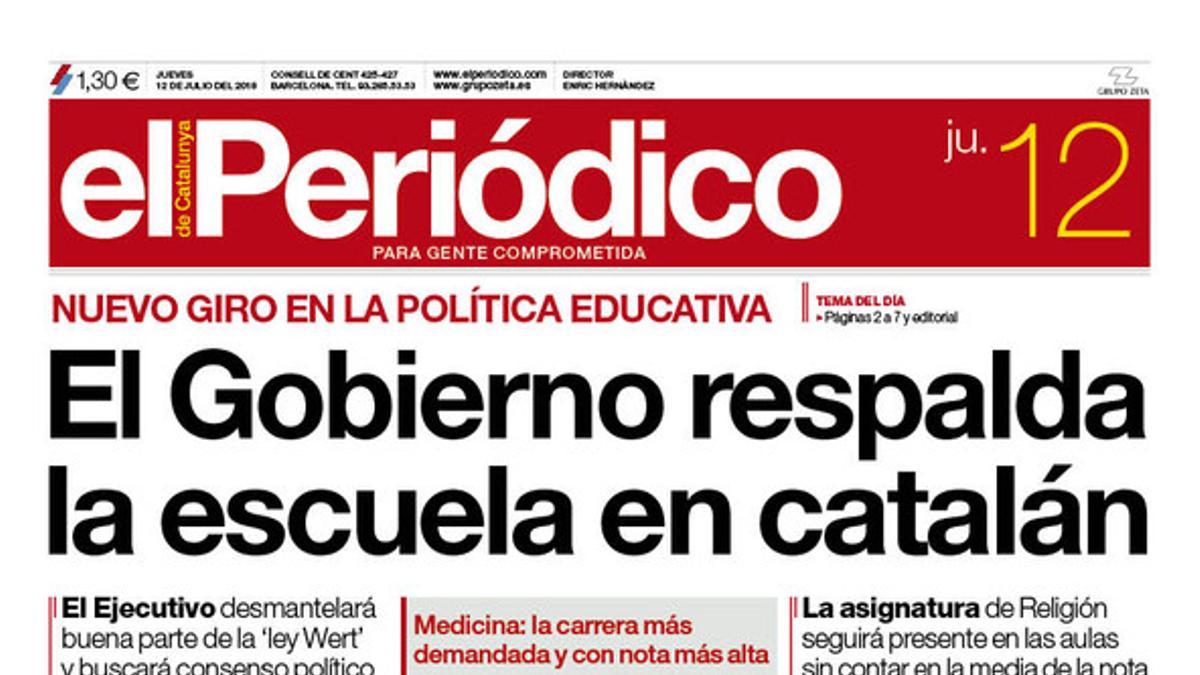 La portada de EL PERIÓDICO DE CATALUNYA del 12 de julio del 2018