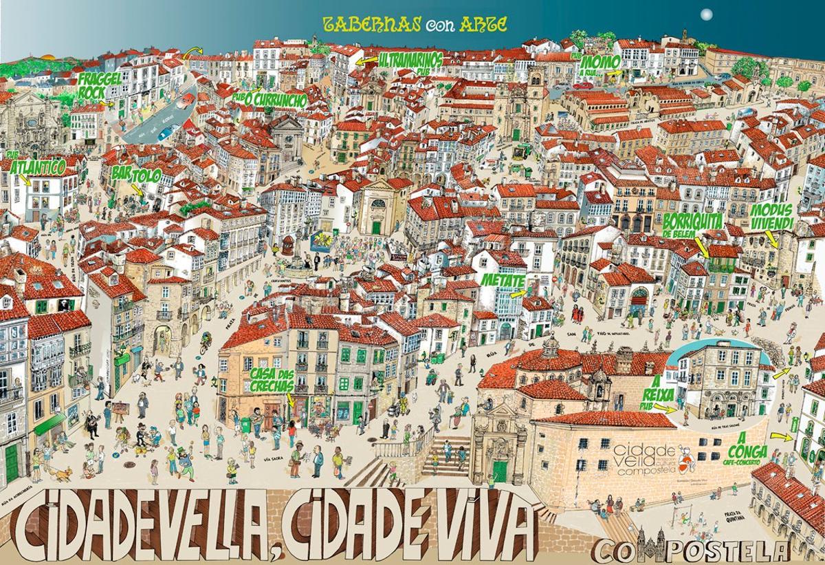 Otra de las versiones de la ilustración de Vilas del casco histórico compostelano