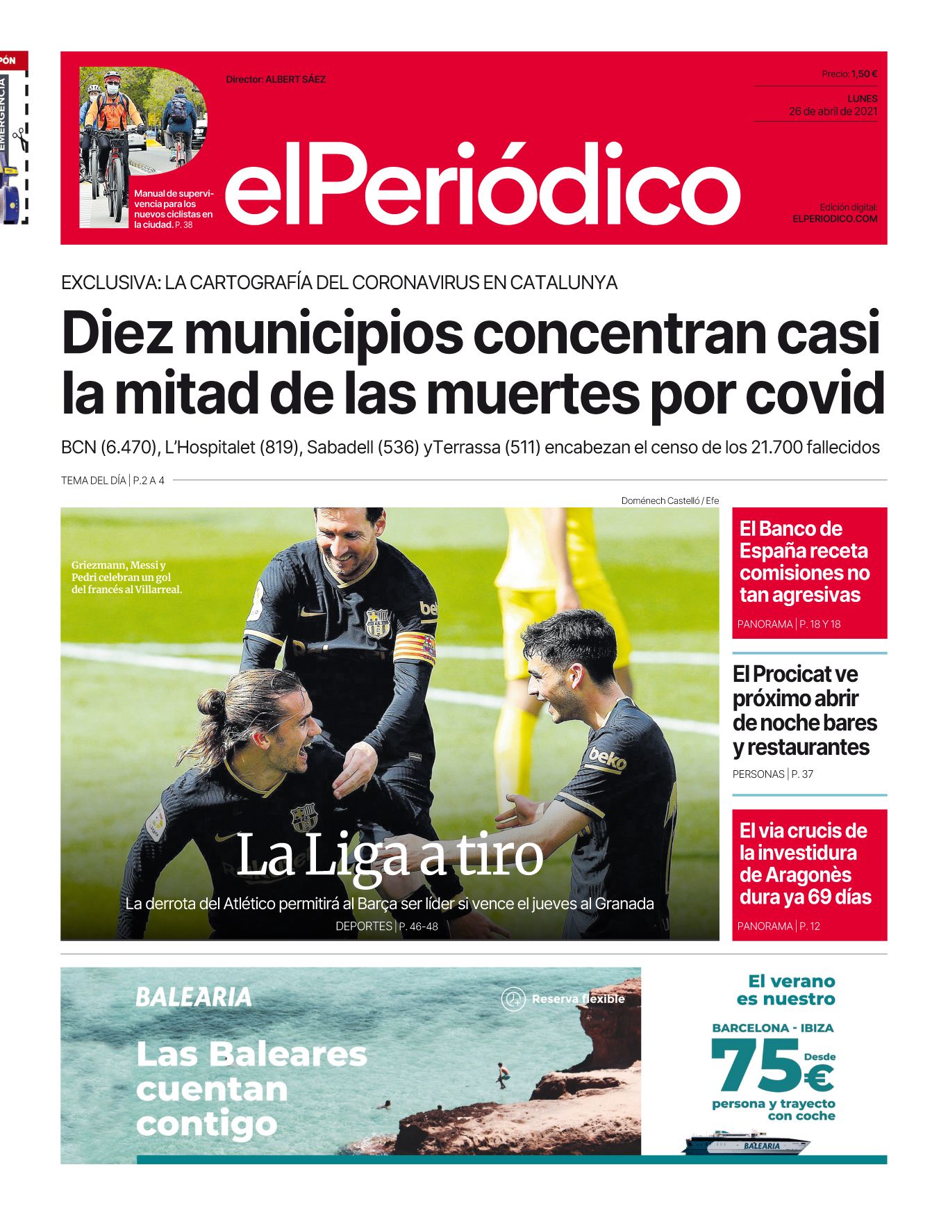 La portada de EL PERIÓDICO del 26 de abril de 2021