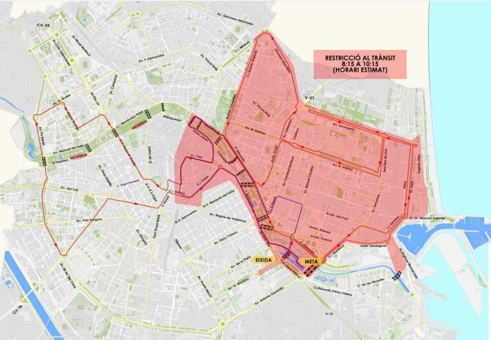 Cortes de tráfico y recorrido Maratón de València