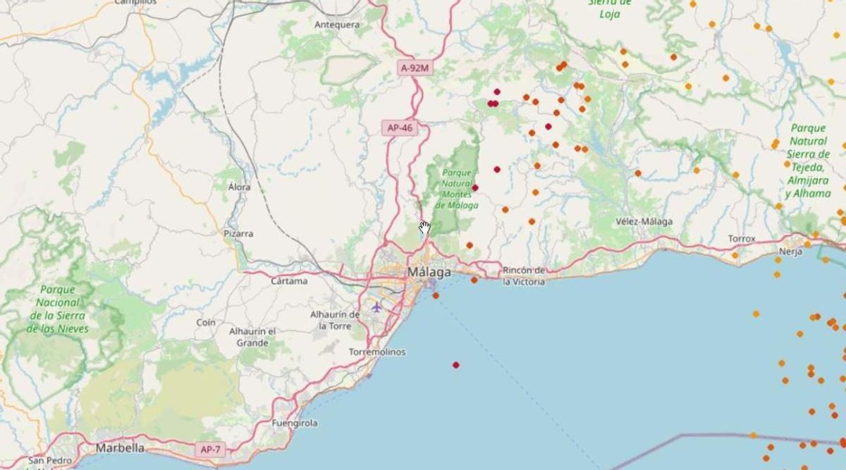 Mapa de rayos de esta mañana en la provincia de Málaga.