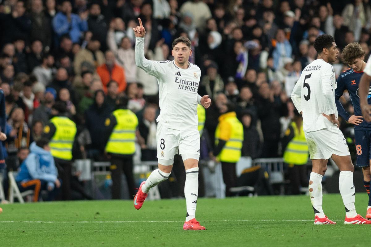 Partido de octavos de final de la Copa del Rey entre el Real Madrid y el Real Club Celta de Vigo, disputado en el estadio Santiago Bernabéu. Fede Valverde celebra su gol.. FUTBOL.