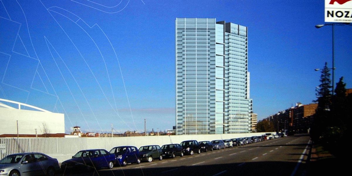 Torre Nozar, el precursor del rascacielos de Zaragoza frente a la Estación Delicias que los Nolaleda querían levantar en el año 2005, cuando compraron el primer suelo subastado en el barrio del AVE por 82 millones de euros.