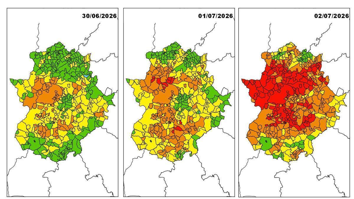 Mapa del Infoex y la Aemet para las próximas jornadas, con el peligro de incendios por municipios.