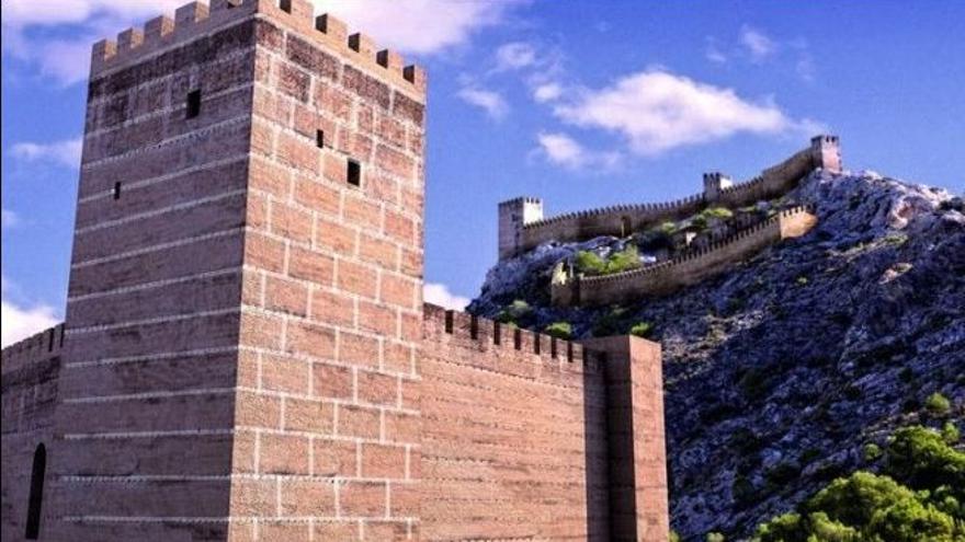 Recreación virtual del castillo de la Atalaya en primer plano y sobre la cima de la sierra de la Villa el castillo de Salvatierra.