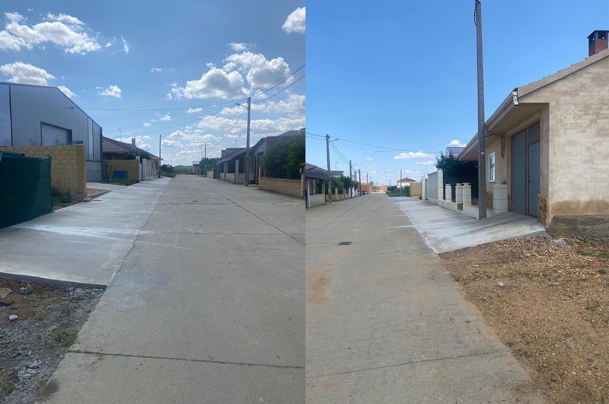 Dos imágenes del cementado de la calle San Isidro en Burganes ya seca y terminada.
