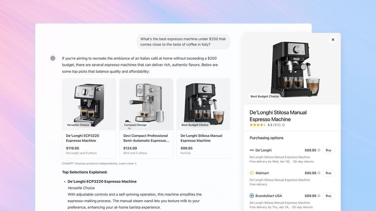 Ejemplo de ChatGPT mostrando productos para comprar.