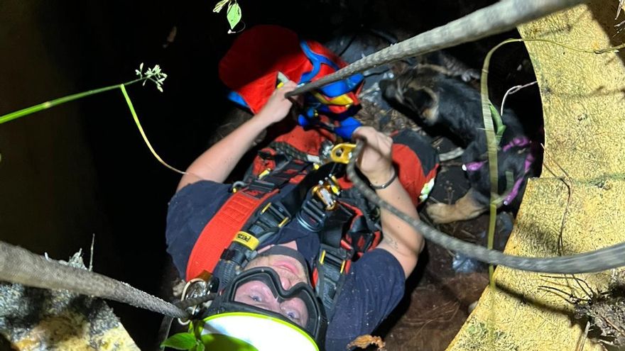 El rescate del perro, en un pozo de tres metros de profundidad.