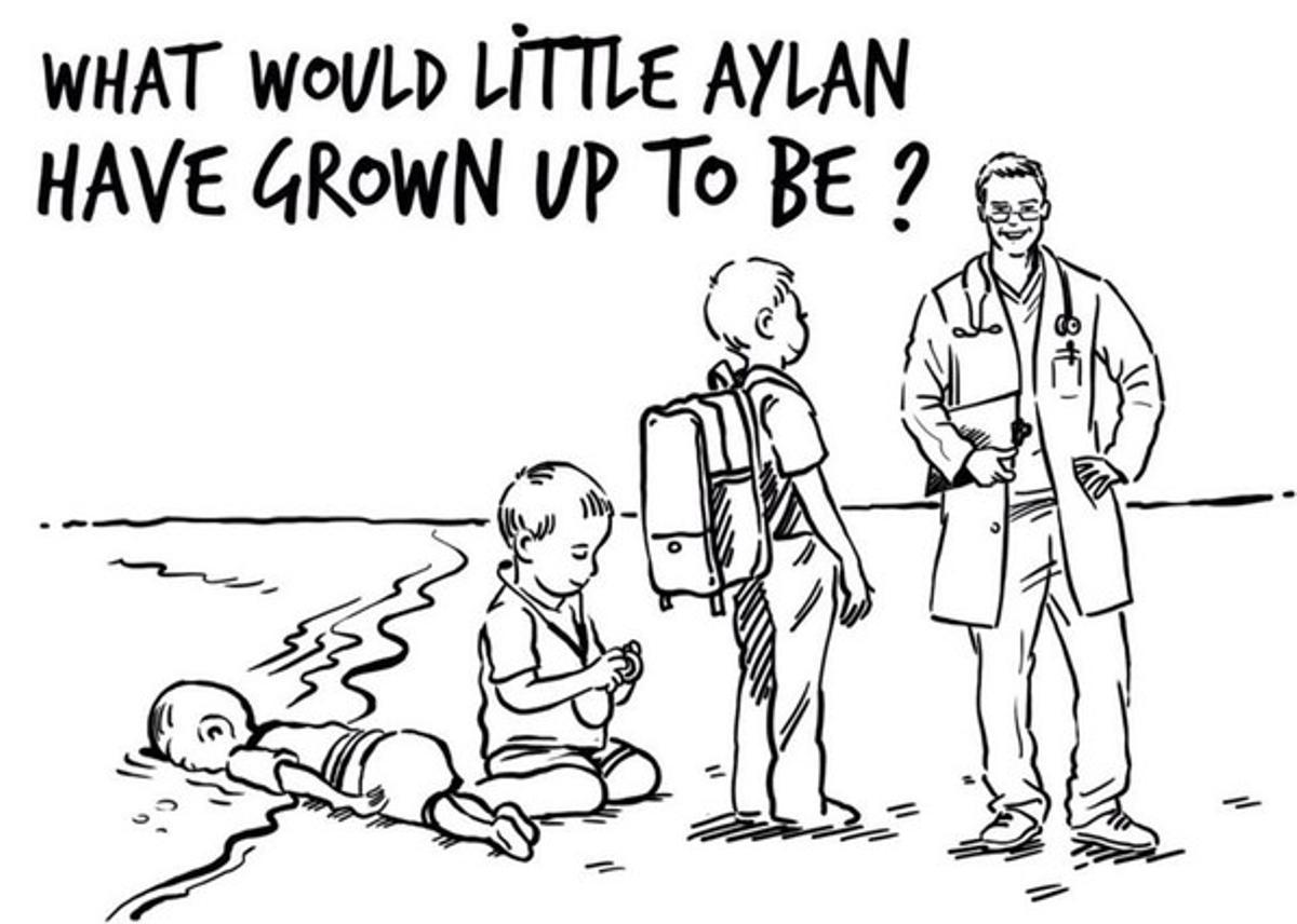 Caricatura en què, a la burla de ’Charlie Hebdo’ que augurava que Aylan de gran seria un assetjador, el dibuixant Osama Hajjaj respon que el nen ofegat, si no hagués mort, hauria sigut metge.