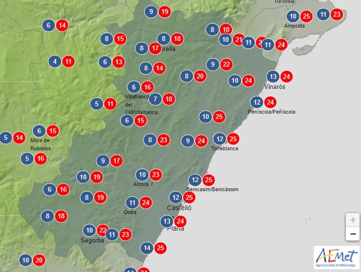 Mapa de las temperaturas en Castellón para el Día de Todos los Santos