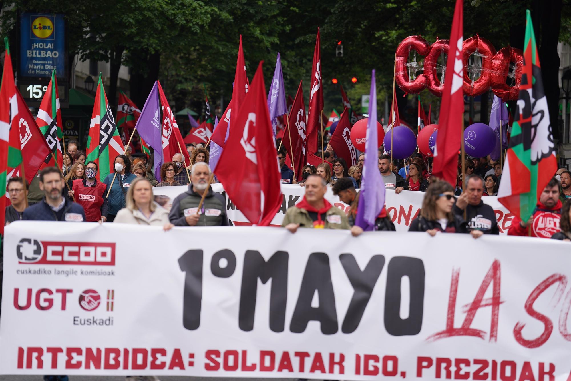 Manifestación de CCOO y UGT por el Primero de Mayo, este domingo en Bilbao