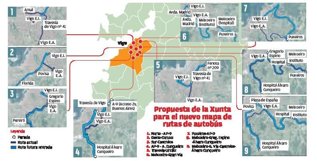 Corredores de autobuses interurbanos propuestos por la Xunta para la apertura de la intermodal