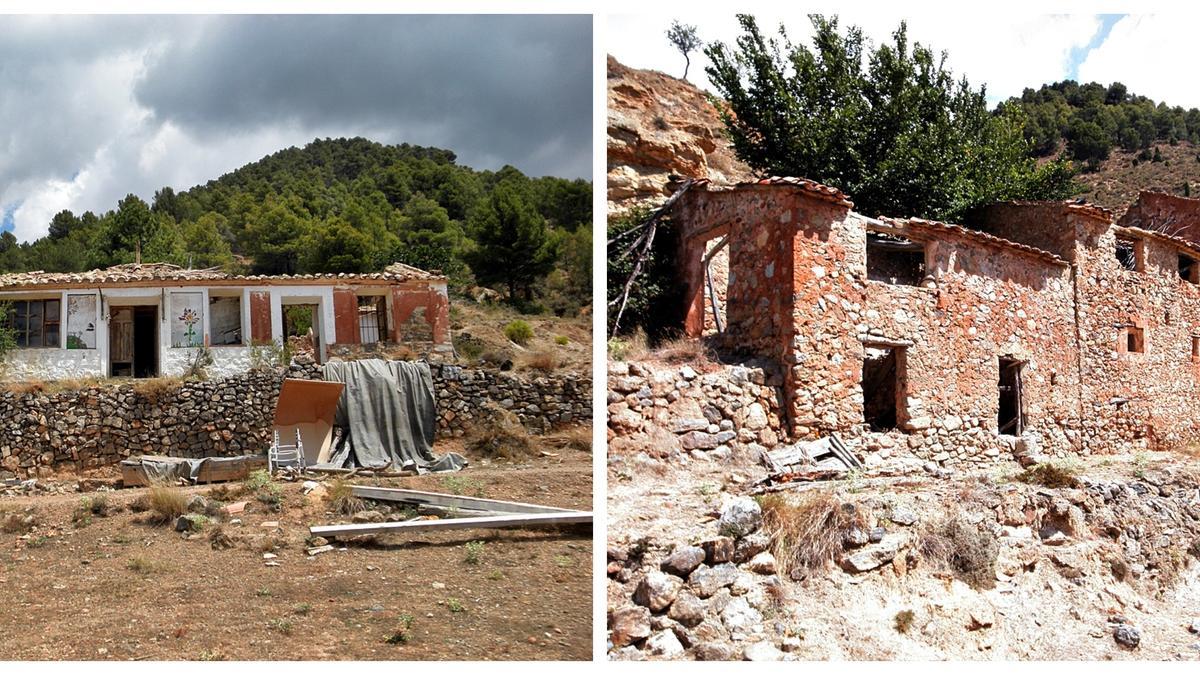 A la izquierda, el antiguo colegio de Bibioj; a la derecha, tres viviendas abandonadas del pueblo.